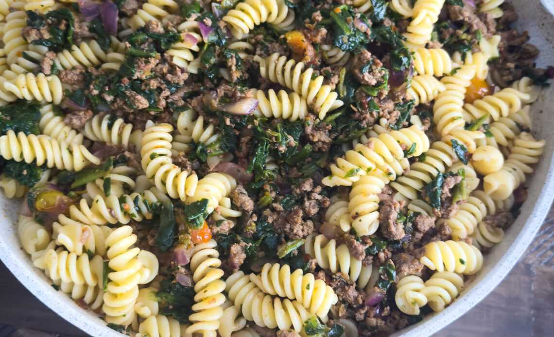 Fussilli pasta with ground lamb